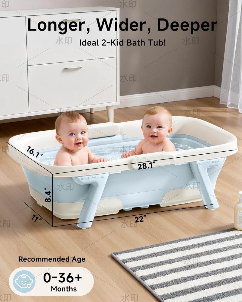 EverKiddo Collapsible Baby Bathtub, Large Infant Bath Tub with Thermometer & Cute Soft Cushion for Newborn to 36-Month Toddlers, Storage and Non-Slip Feet Design, Baby Bath Gift (Blue) - Image 4